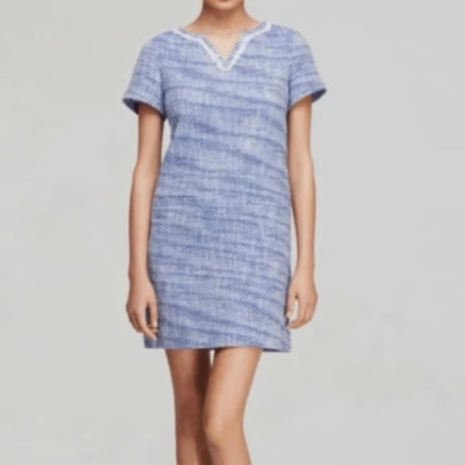Kate Spade Graphic Tweed Tunic Frayed Fringe Split Neck Mini Shift Dress Size 2